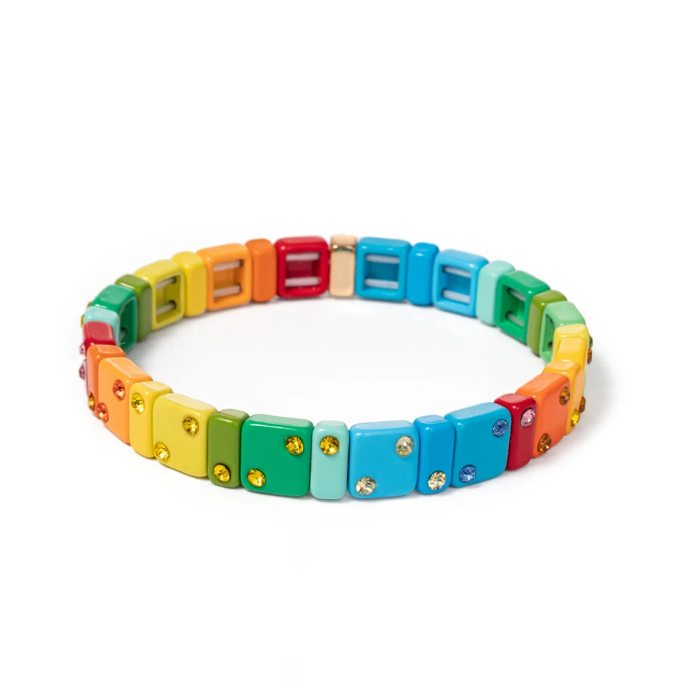 2023 New Design 8mm Square Beads Bracelets For Women Color Zircon Charms Elastic Bangle For Friend Gift