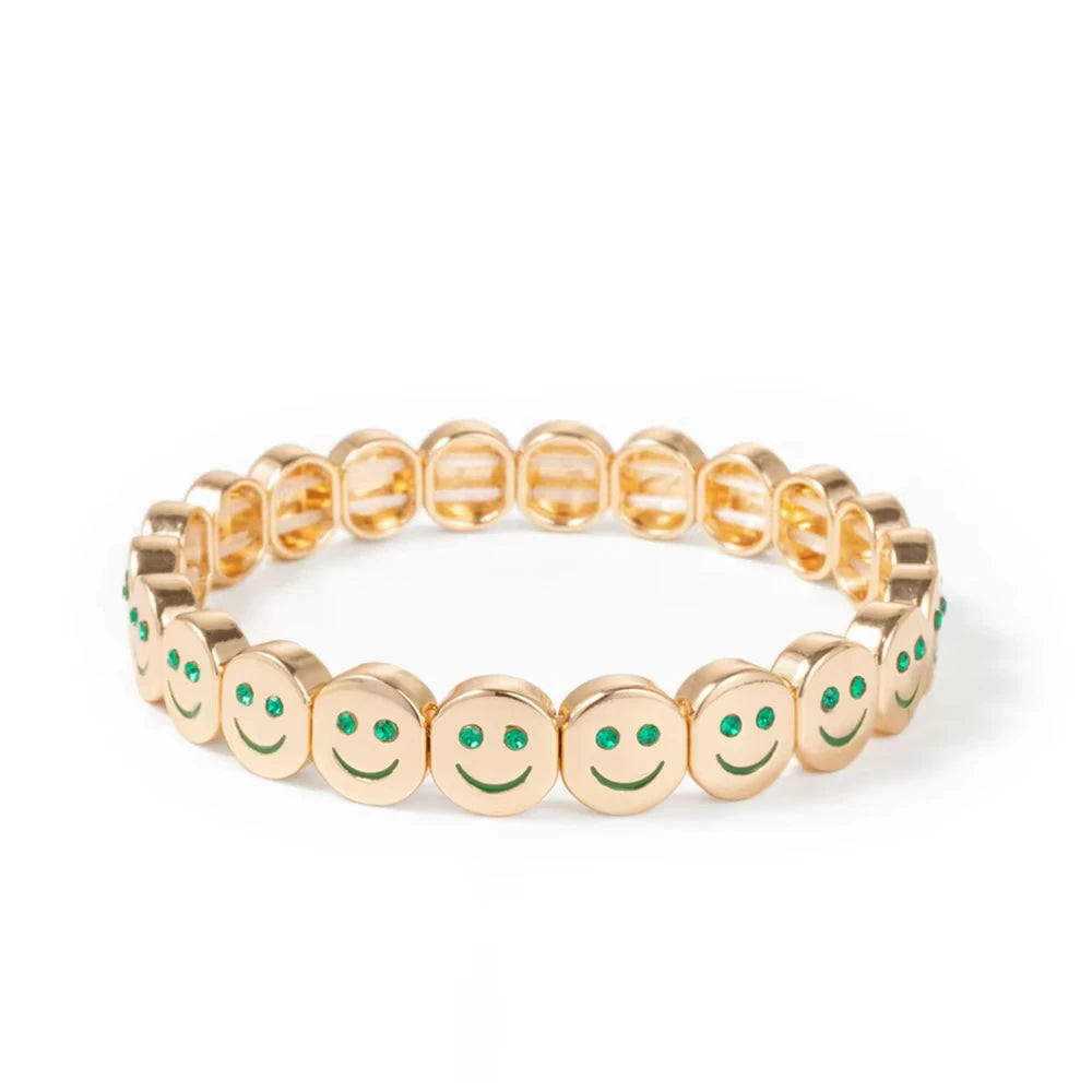 2025 New Dice Happy Face Crystal Bangle For Women Gold Color Diamond Beaded Elastic Bracelet