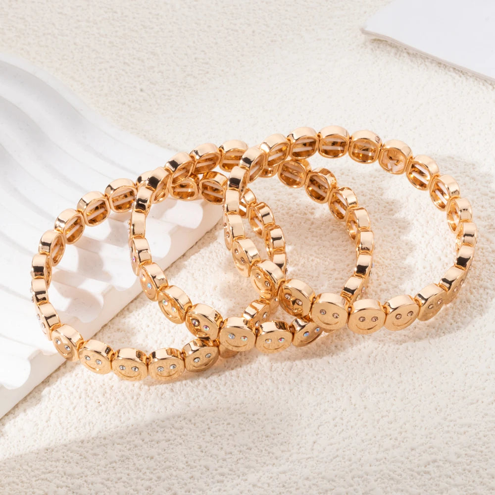 2025 New Dice Happy Face Crystal Bangle For Women Gold Color Diamond Beaded Elastic Bracelet