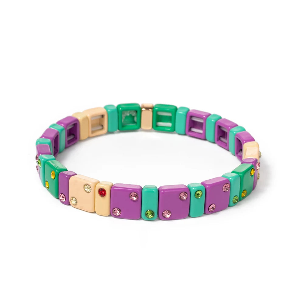2023 New Design 8mm Square Beads Bracelets For Women Color Zircon Charms Elastic Bangle For Friend Gift