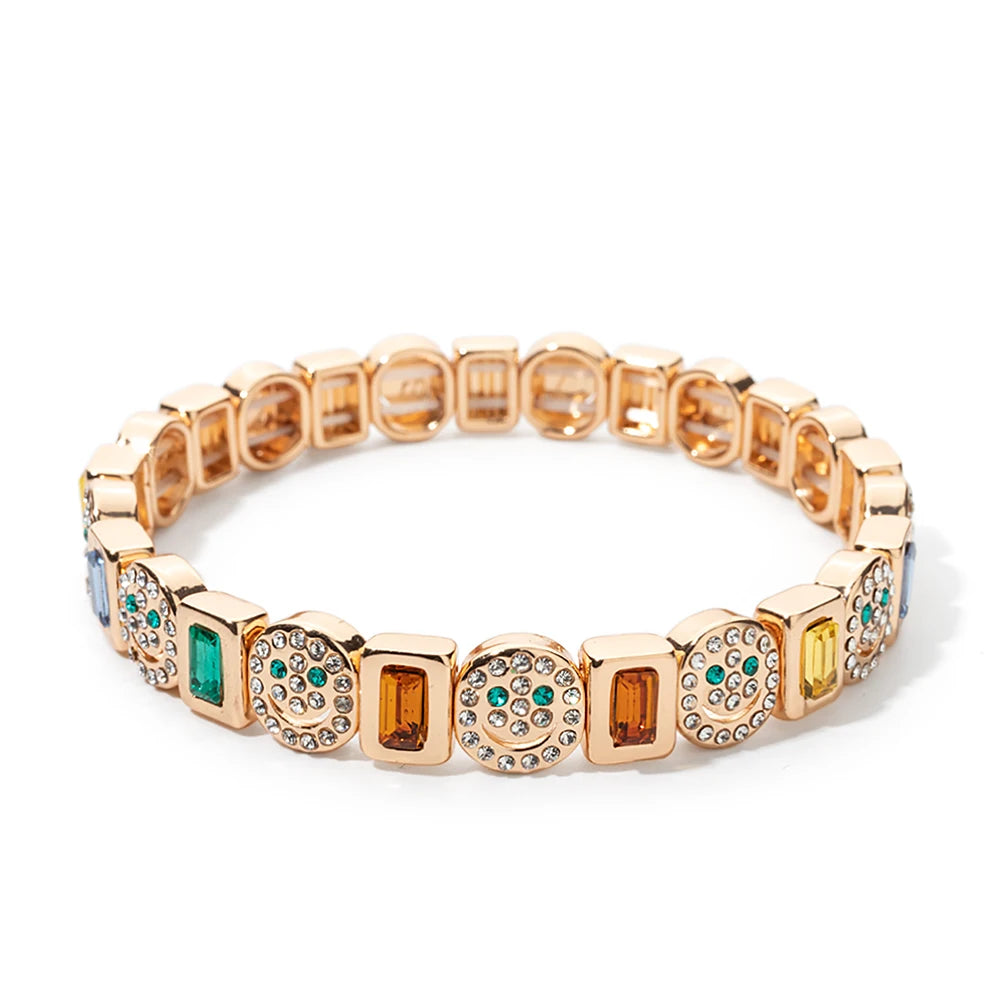 2025 New Dice Happy Face Crystal Bangle For Women Gold Color Diamond Beaded Elastic Bracelet