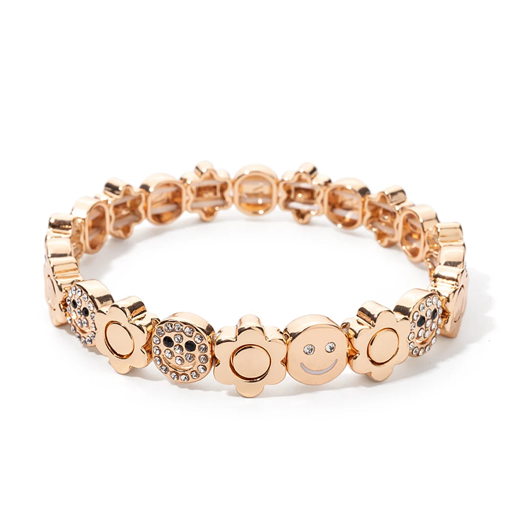 2025 New Dice Happy Face Crystal Bangle For Women Gold Color Diamond Beaded Elastic Bracelet