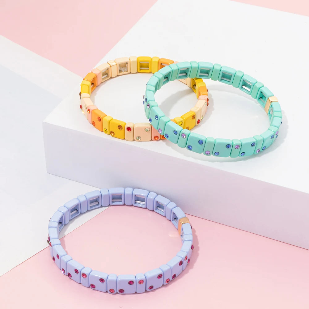 2023 New Design 8mm Square Beads Bracelets For Women Color Zircon Charms Elastic Bangle For Friend Gift