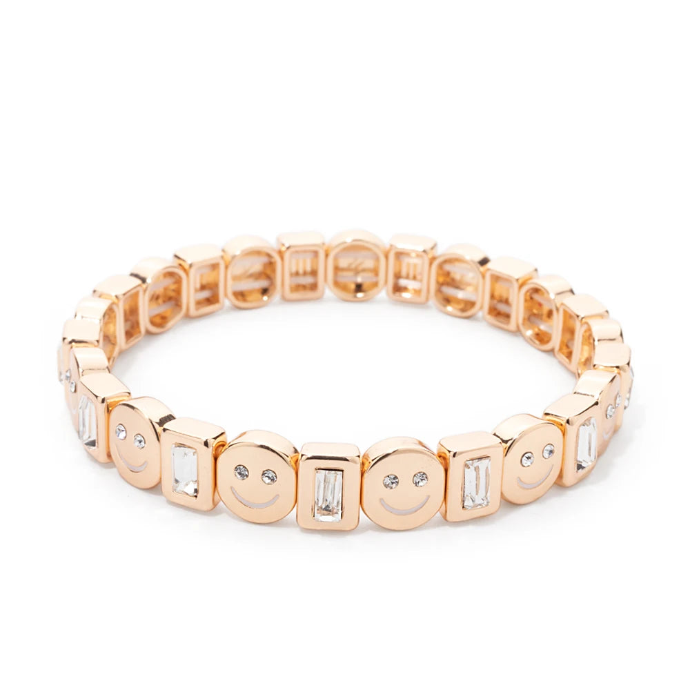 2025 New Dice Happy Face Crystal Bangle For Women Gold Color Diamond Beaded Elastic Bracelet