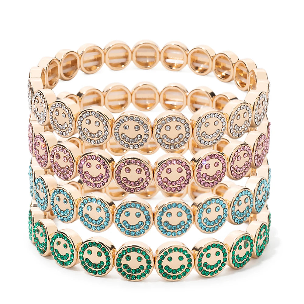 2024 New Happy Bangle Paved Diamond Enamel Beaded Bracelets For Women Boho Gold Color Elastic Bracelets