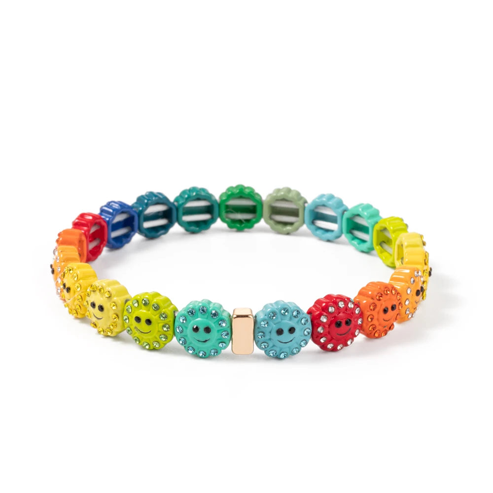 2024 New Design Sunflower Happy Bangle For Women Gold Color Boho Elastic Beaded Bracelets Hand Accessory