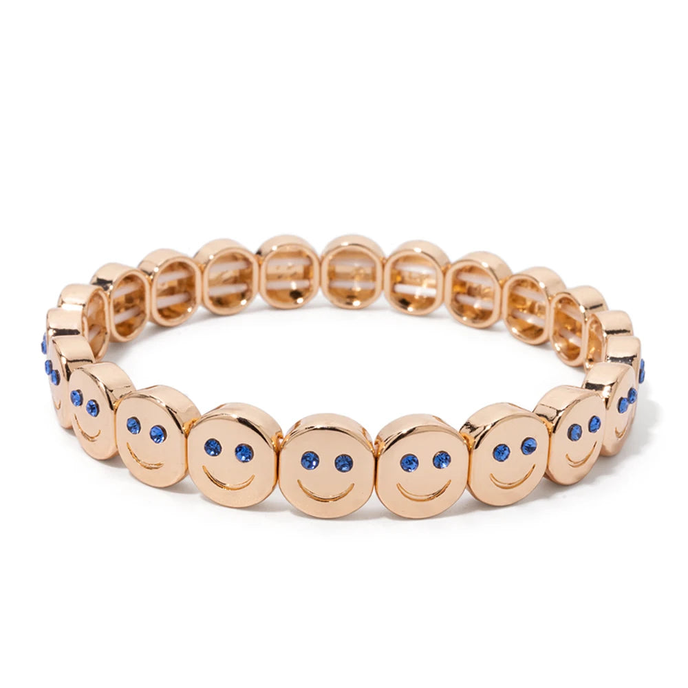 2025 New Dice Happy Face Crystal Bangle For Women Gold Color Diamond Beaded Elastic Bracelet