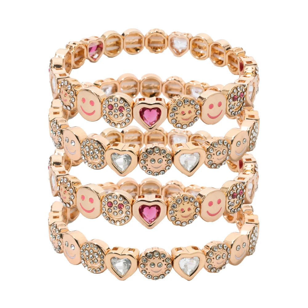 2025 New Happy Love Crystal Bangle For Women Pink White Rehinestone Beaded Bracelet
