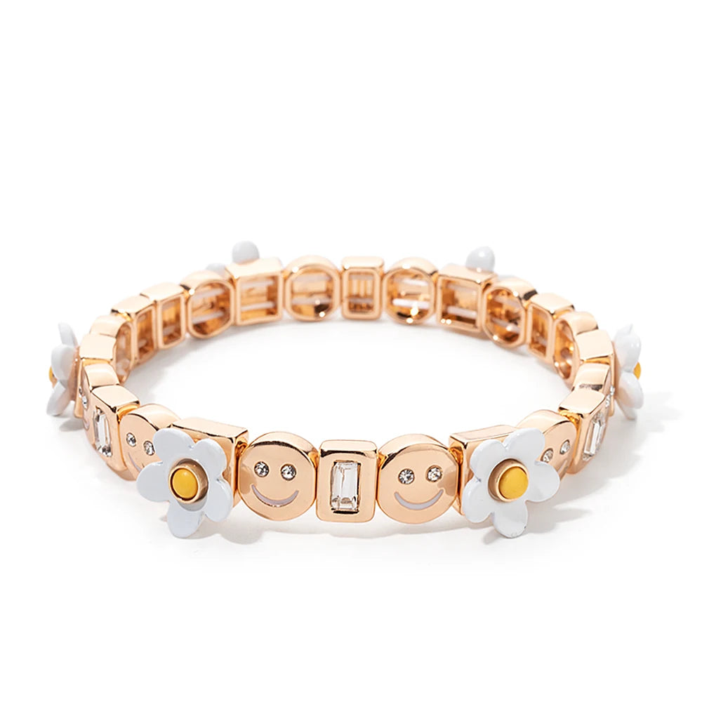2025 New Dice Happy Face Crystal Bangle For Women Gold Color Diamond Beaded Elastic Bracelet