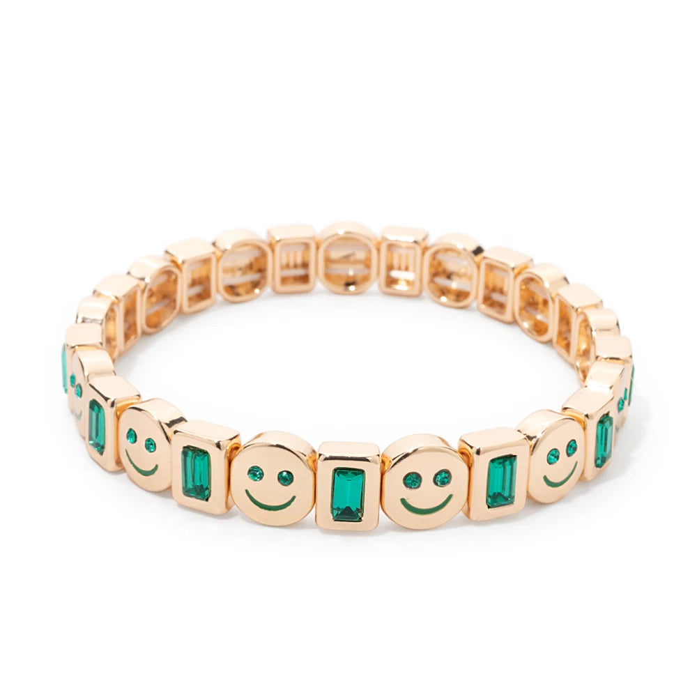 2025 New Dice Happy Face Crystal Bangle For Women Gold Color Diamond Beaded Elastic Bracelet