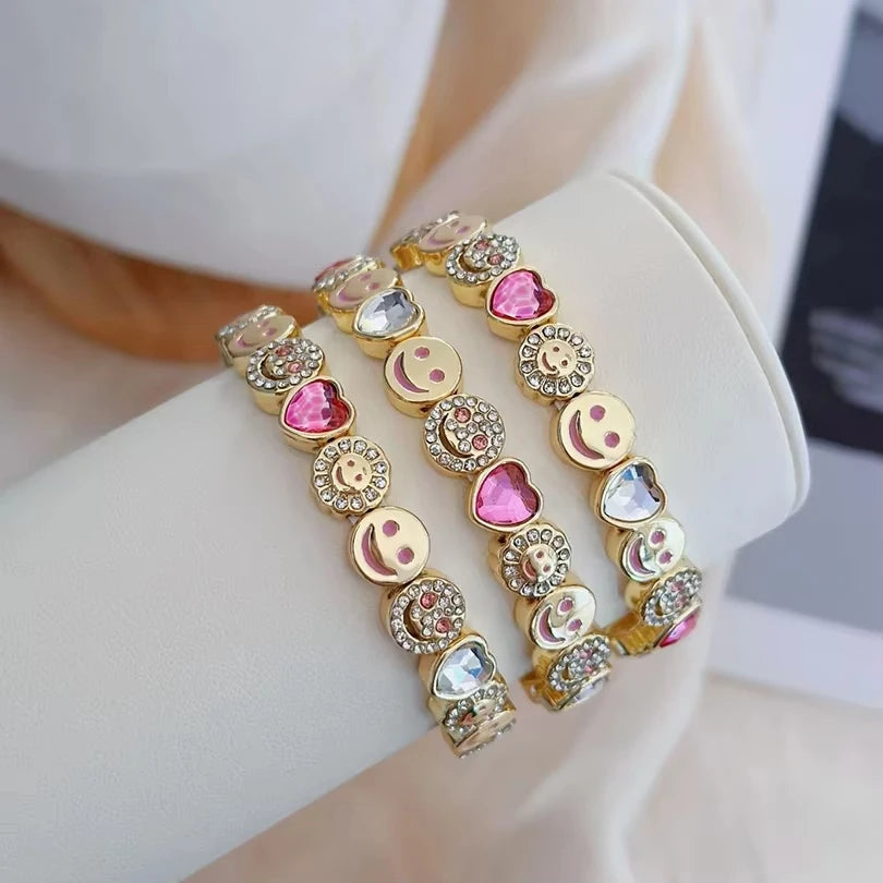 2025 New Happy Love Crystal Bangle For Women Pink White Rehinestone Beaded Bracelet