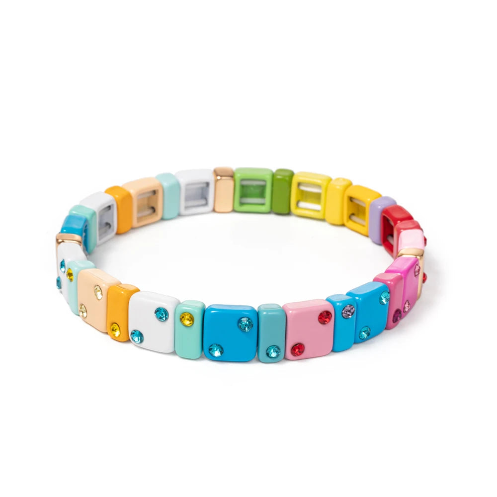 2023 New Design 8mm Square Beads Bracelets For Women Color Zircon Charms Elastic Bangle For Friend Gift