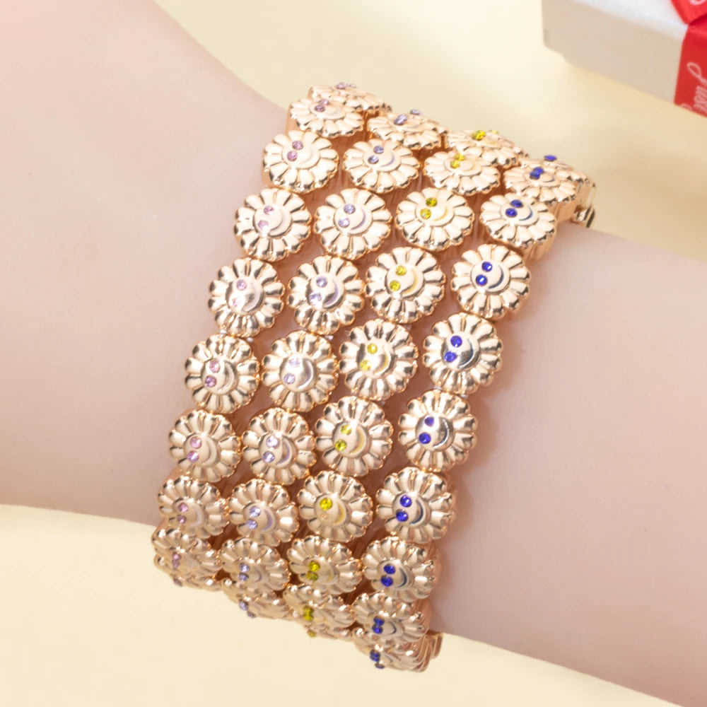 2024 New Design Sunflower Happy Bangle For Women Gold Color Boho Elastic Beaded Bracelets Hand Accessory