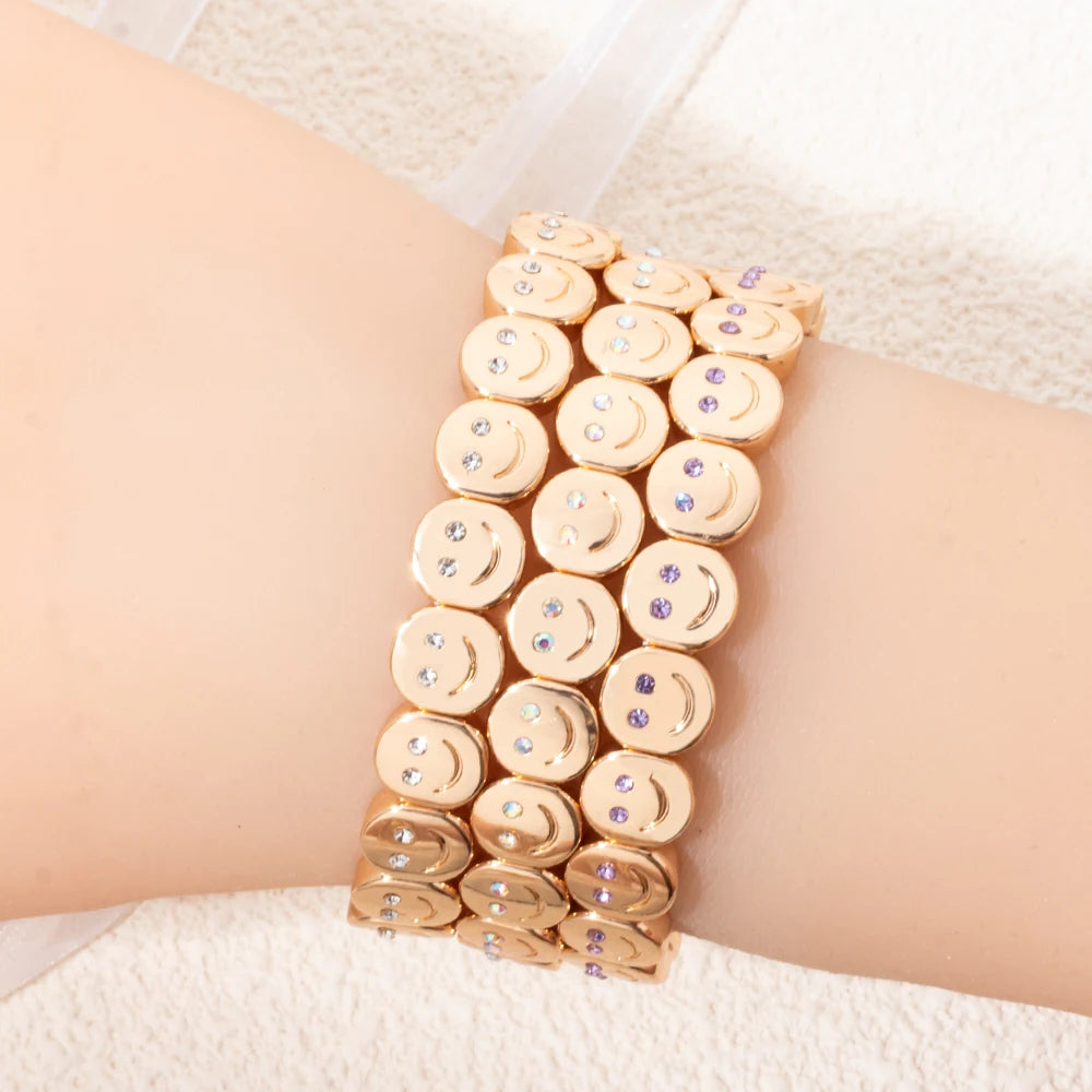 2025 New Dice Happy Face Crystal Bangle For Women Gold Color Diamond Beaded Elastic Bracelet