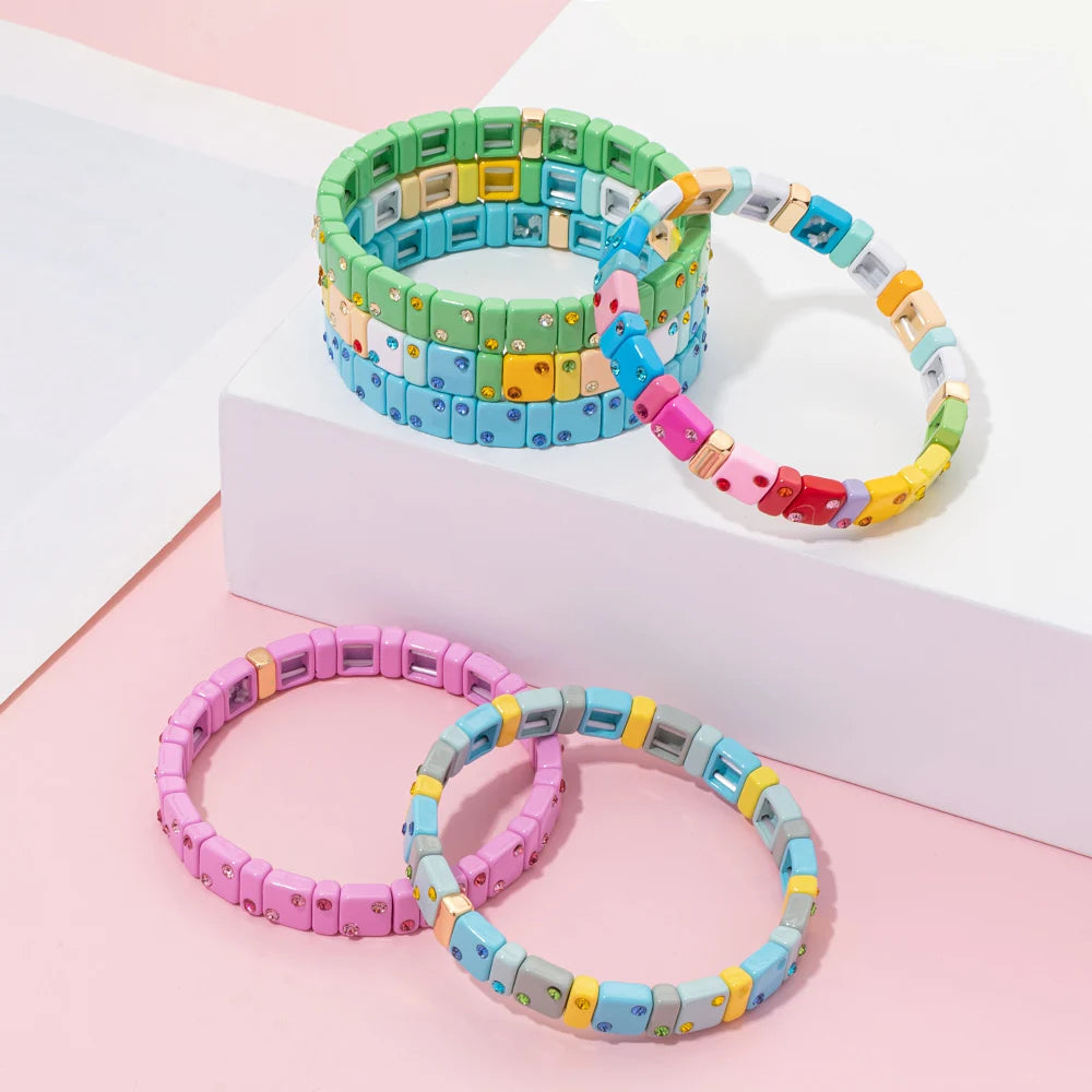 2023 New Design 8mm Square Beads Bracelets For Women Color Zircon Charms Elastic Bangle For Friend Gift