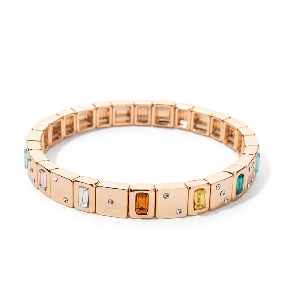2025 New Dice Happy Face Crystal Bangle For Women Gold Color Diamond Beaded Elastic Bracelet