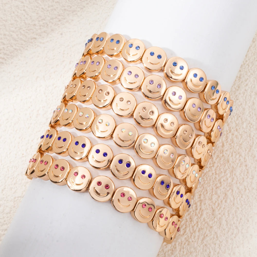 2025 New Dice Happy Face Crystal Bangle For Women Gold Color Diamond Beaded Elastic Bracelet