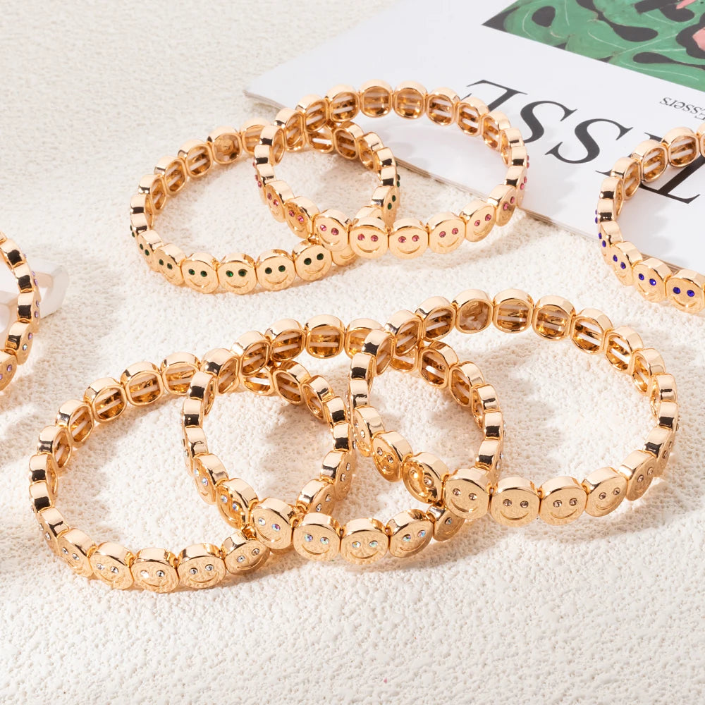 2025 New Dice Happy Face Crystal Bangle For Women Gold Color Diamond Beaded Elastic Bracelet
