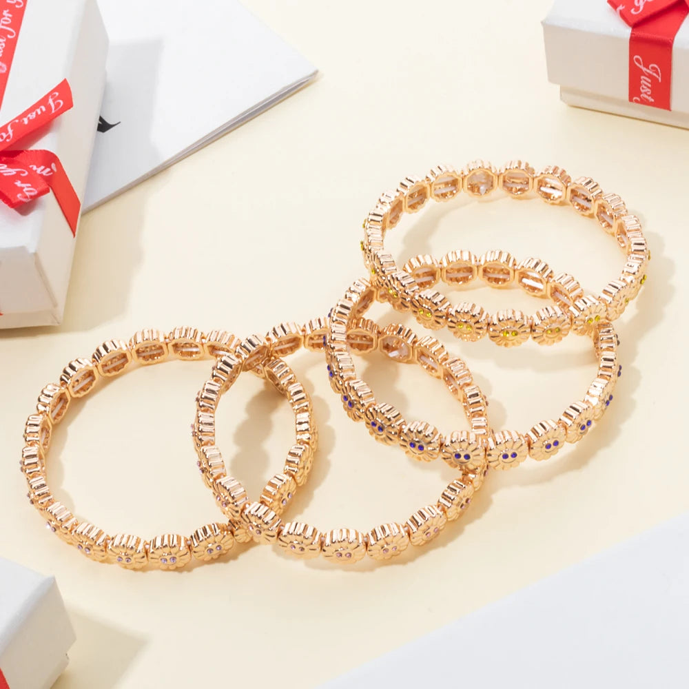 2024 New Design Sunflower Happy Bangle For Women Gold Color Boho Elastic Beaded Bracelets Hand Accessory