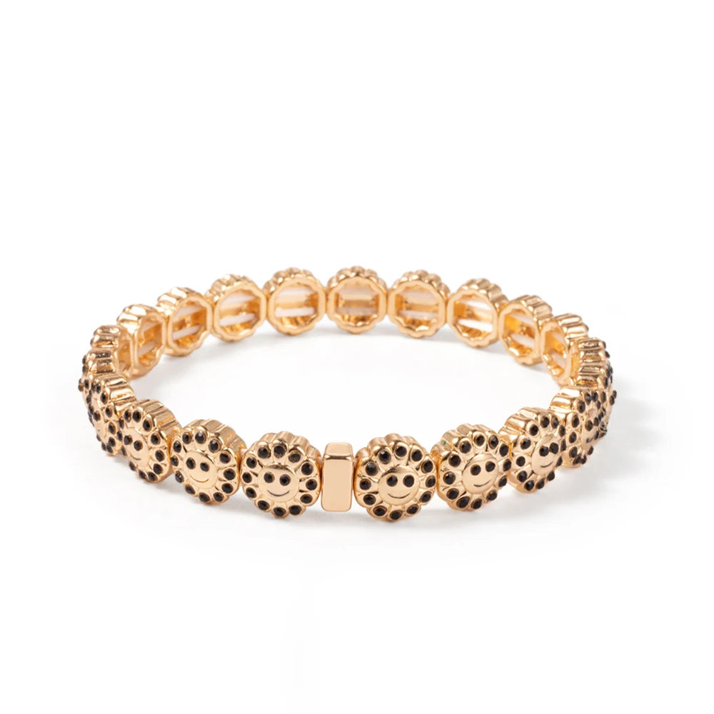 2024 New Design Sunflower Happy Bangle For Women Gold Color Boho Elastic Beaded Bracelets Hand Accessory