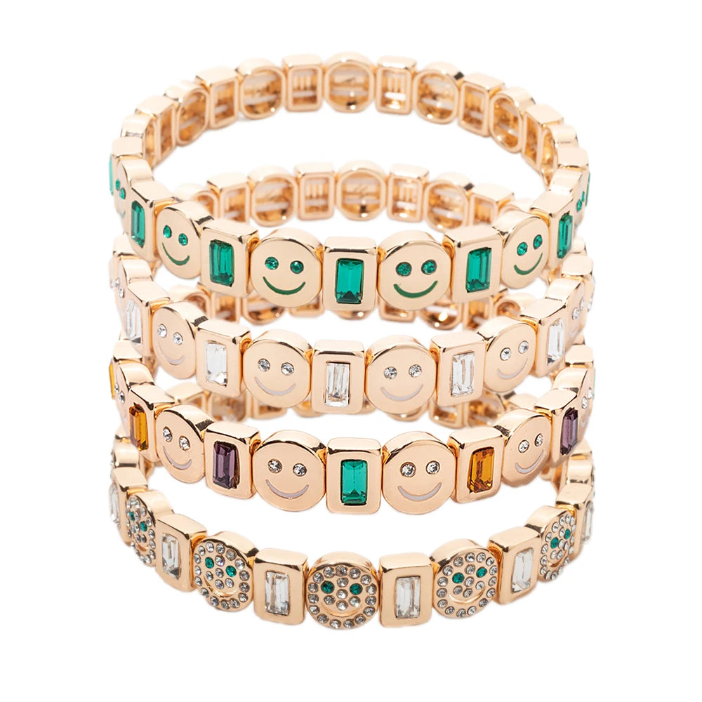 2025 New Dice Happy Face Crystal Bangle For Women Gold Color Diamond Beaded Elastic Bracelet