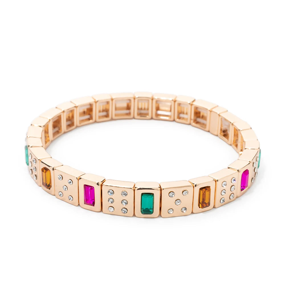 2025 New Dice Happy Face Crystal Bangle For Women Gold Color Diamond Beaded Elastic Bracelet