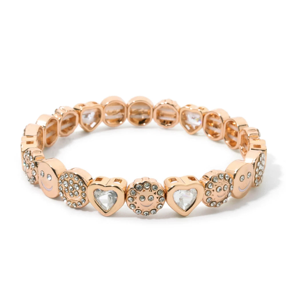 2025 New Dice Happy Face Crystal Bangle For Women Gold Color Diamond Beaded Elastic Bracelet