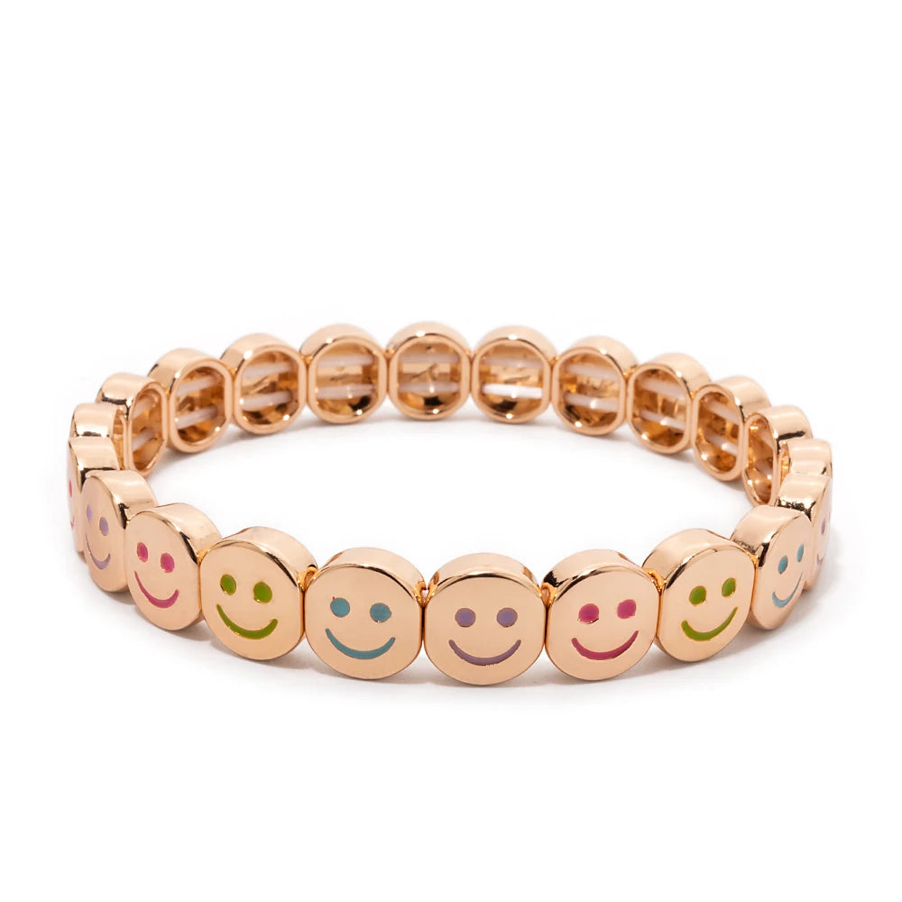 2025 New Dice Happy Face Crystal Bangle For Women Gold Color Diamond Beaded Elastic Bracelet