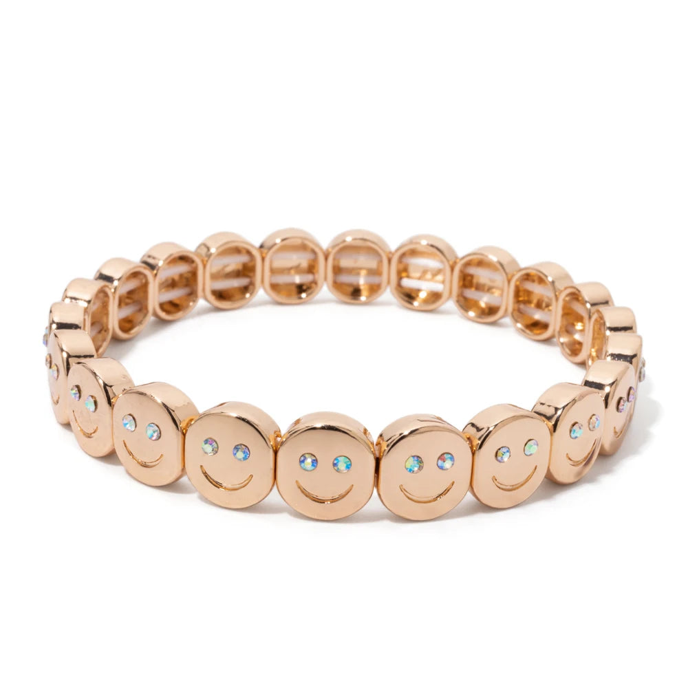 2025 New Dice Happy Face Crystal Bangle For Women Gold Color Diamond Beaded Elastic Bracelet