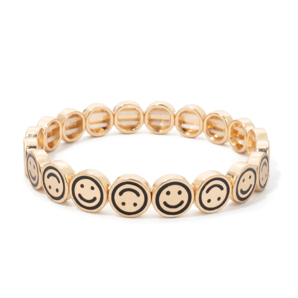 2024 New Happy Bangle Paved Diamond Enamel Beaded Bracelets For Women Boho Gold Color Elastic Bracelets