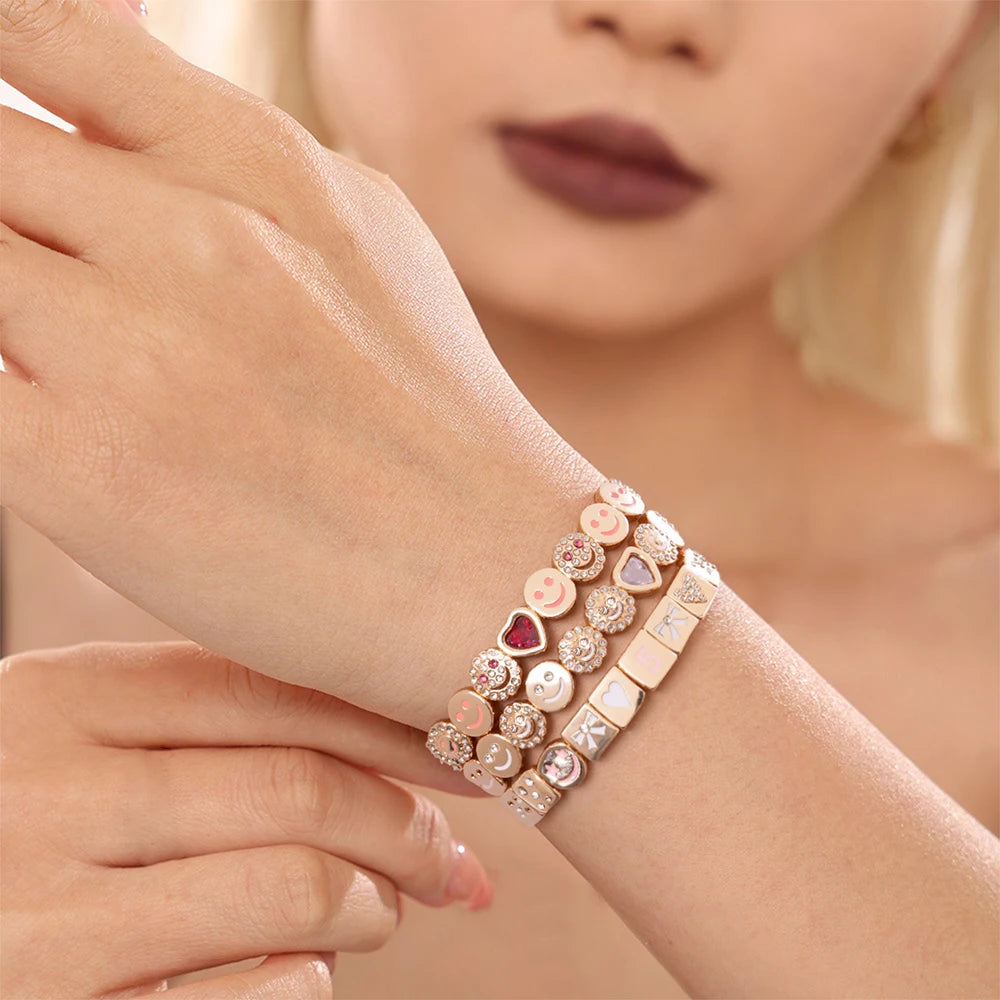 2025 New Happy Love Crystal Bangle For Women Pink White Rehinestone Beaded Bracelet