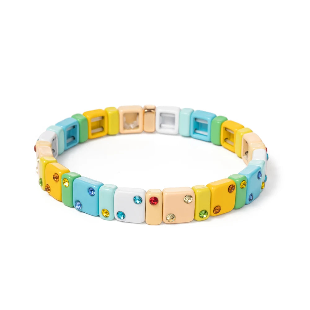 2023 New Design 8mm Square Beads Bracelets For Women Color Zircon Charms Elastic Bangle For Friend Gift