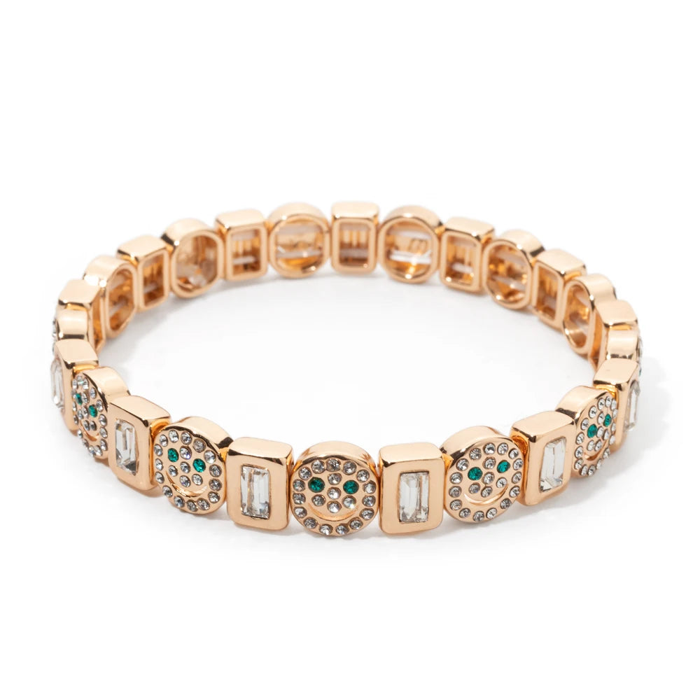 2025 New Dice Happy Face Crystal Bangle For Women Gold Color Diamond Beaded Elastic Bracelet