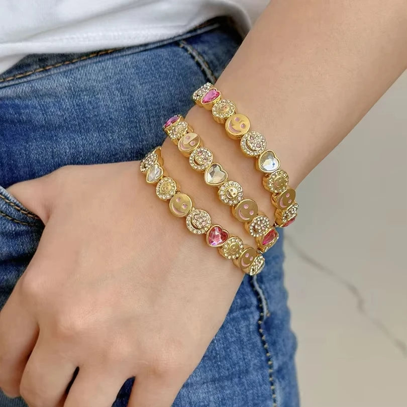 2025 New Happy Love Crystal Bangle For Women Pink White Rehinestone Beaded Bracelet