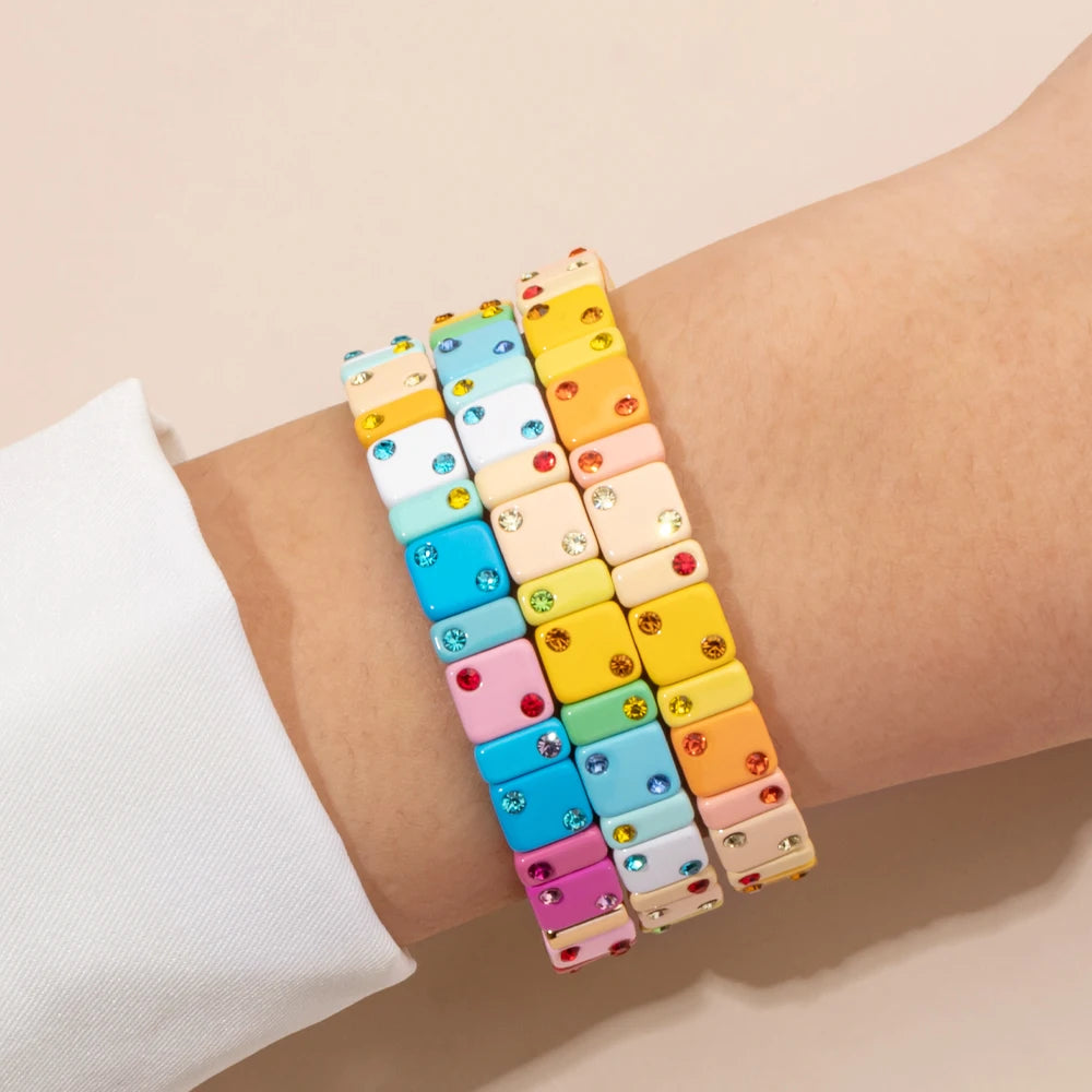 2023 New Design 8mm Square Beads Bracelets For Women Color Zircon Charms Elastic Bangle For Friend Gift