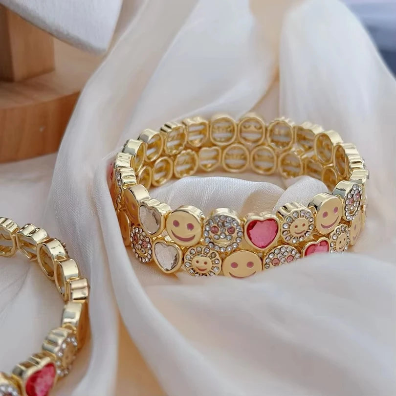 2025 New Happy Love Crystal Bangle For Women Pink White Rehinestone Beaded Bracelet
