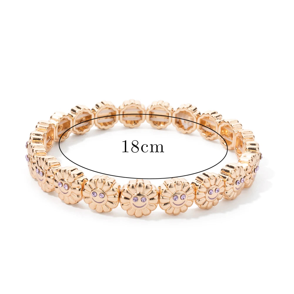 2024 New Design Sunflower Happy Bangle For Women Gold Color Boho Elastic Beaded Bracelets Hand Accessory