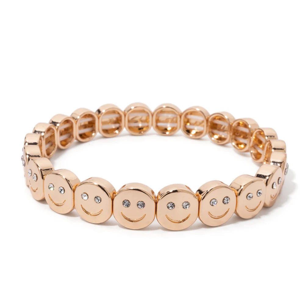 2025 New Dice Happy Face Crystal Bangle For Women Gold Color Diamond Beaded Elastic Bracelet