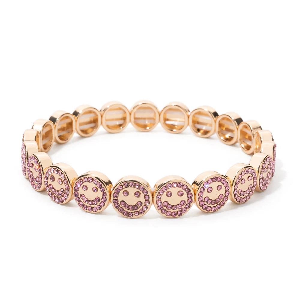 2024 New Happy Bangle Paved Diamond Enamel Beaded Bracelets For Women Boho Gold Color Elastic Bracelets