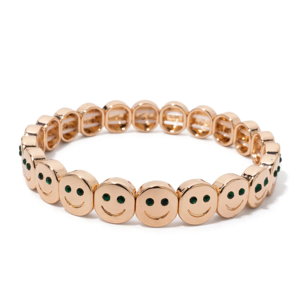 2025 New Dice Happy Face Crystal Bangle For Women Gold Color Diamond Beaded Elastic Bracelet
