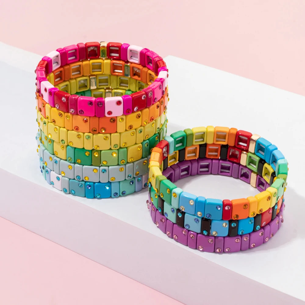 2023 New Design 8mm Square Beads Bracelets For Women Color Zircon Charms Elastic Bangle For Friend Gift