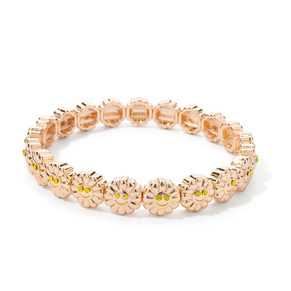 2024 New Design Sunflower Happy Bangle For Women Gold Color Boho Elastic Beaded Bracelets Hand Accessory